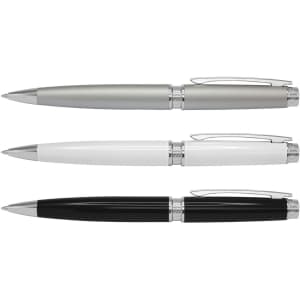 A set of three metal pens in grey, white, and black, featuring silver accents and branding.