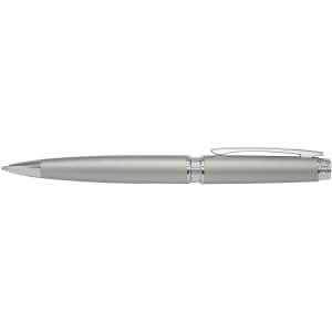 A metal pen featuring a sleek silver finish with a textured grip and a clip for convenience.
