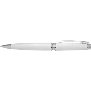 A metal pen in a sleek white finish with silver accents, featuring a smooth barrel and a clip for easy attachment.