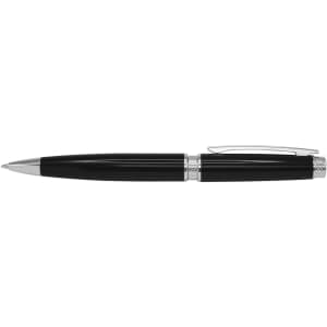 A sleek black metal pen featuring silver accents and a clip.