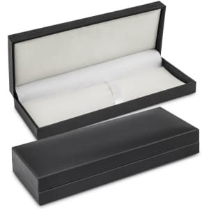 A black presentation box with a sleek design, featuring a soft interior lining and a removable lid.