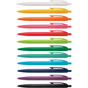 A collection of plastic pens in white, orange, yellow, pink, green, blue, purple, and black, with one logo visible.