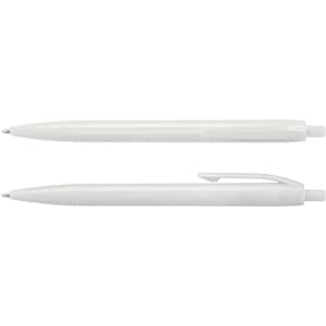 A set of white plastic pens with a simple design, featuring a clip and smooth writing tip.