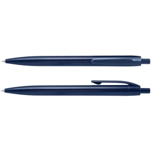 A set of plastic pens in navy blue, featuring a sleek design and a clip. Each pen has a logo.