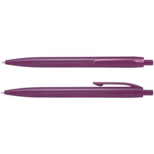 A purple plastic pen featuring a sleek design and a clip, with another pen positioned underneath it.