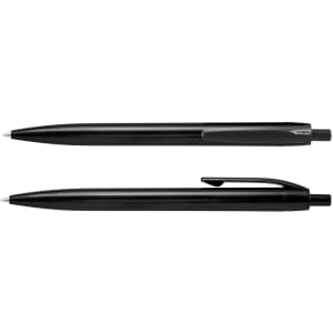 Two black plastic pens are displayed, featuring sleek designs and plastic clips. One pen is positioned above the other.
