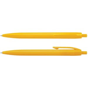 A pair of yellow plastic pens, featuring a sleek design and a clip on the side. Each pen has a pointed tip.