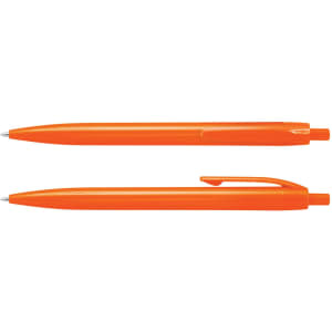 Two orange plastic pens are displayed, featuring a simple design and a clip on one side. The image includes a logo.