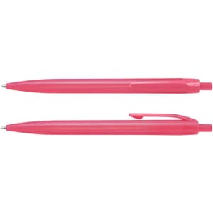 Two pink plastic pens positioned side by side, one capped and one uncapped, featuring a logo.