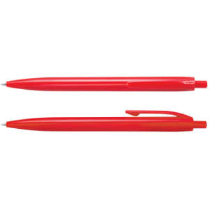 A red plastic pen with a smooth finish and a clip, featuring a simple design. The image includes two pens.