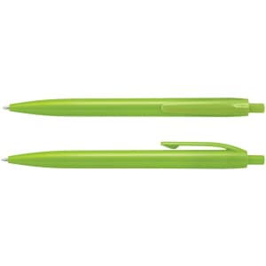 A set of bright green plastic pens with a sleek design, featuring a clip and a smooth writing tip.