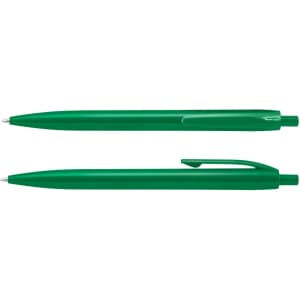 Two green plastic pens are displayed, featuring a smooth design and a clip for easy attachment.