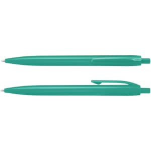 A teal plastic pen with a sleek design and clip, featuring a ballpoint tip. Includes branding.