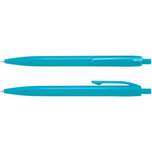 Two turquoise plastic pens with a smooth surface and click mechanism, featuring a simple design and a branding logo.