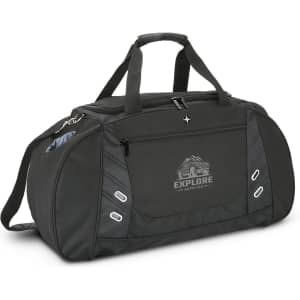A dark green weekend or sport bag with zippers, handles, and a front pocket, featuring a logo.