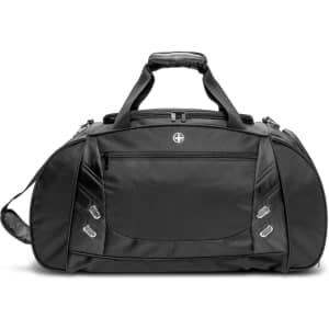 A black weekend or sport bag with dual handles, a shoulder strap, and a front pocket. It features a logo.