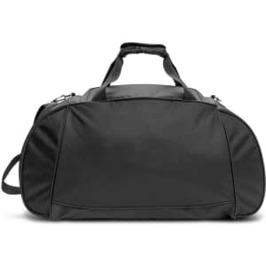 A black sports bag featuring a handle and shoulder strap, made from durable material and including a logo.
