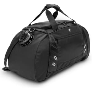 A black sport bag with a drink bottle holder and adjustable shoulder strap, featuring a logo.