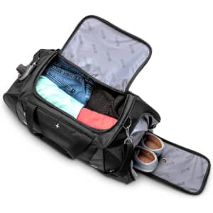 A black weekend or sport bag opened to reveal clothing and shoes inside, with a branded logo.