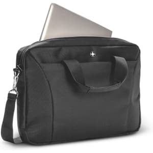 A black laptop bag with a silver laptop partially visible inside, featuring a logo on the front.