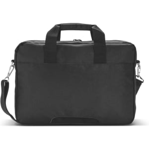 A black laptop bag with dual handles, a removable shoulder strap, and a logo on the front.