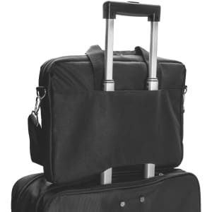 A black laptop bag with a telescopic handle, designed for easy transport, featuring additional straps.