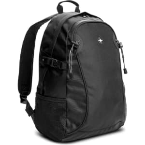 A black outdoor backpack with adjustable straps and a mesh side pocket. It features a logo on the front.