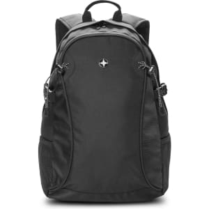 A black Swiss Peak Outdoor Backpack featuring multiple compartments, mesh side pockets, and a logo on the front.