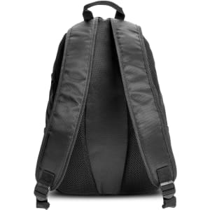 A black Swiss Peak Outdoor Backpack featuring padded straps and a mesh back panel for comfort.