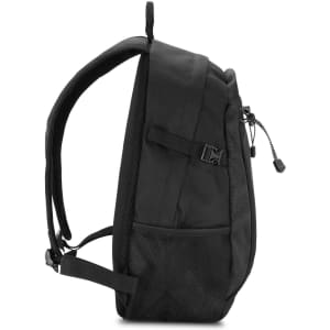 A black outdoor backpack with a sleek design, featuring adjustable straps and a mesh side pocket.