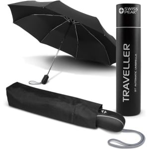 A black automatic umbrella with a matching storage sleeve and a branded cylindrical case.