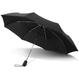 A black umbrella with a metallic handle and a simple design, featuring a logo on the handle.