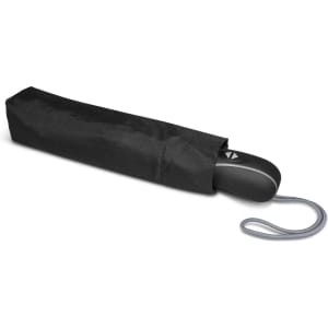 A black umbrella partially tucked into a protective sleeve, featuring a handle and a hanging strap.