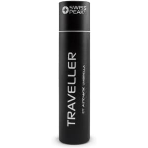 A black, cylindrical umbrella case with a logo and the word "TRAVELLER" prominently displayed.