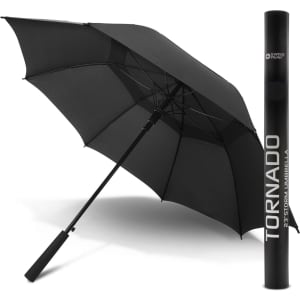 A black Swiss Peak Tornado 58cm umbrella displayed open beside its matching protective cover.