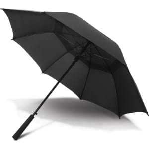 A black umbrella with a sleek design and a sturdy handle, featuring a logo on the canopy.