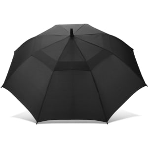A black Swiss Peak Tornado 58cm umbrella with a sleek design and a central handle.