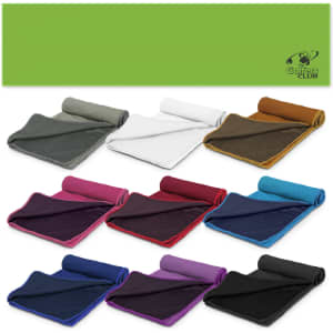 A collection of cooling towels in various colours, featuring a rolled design and a logo in the corner.