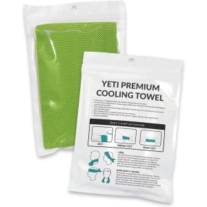 A green cooling towel in a pouch, featuring a logo, with instructions on how to activate the towel.