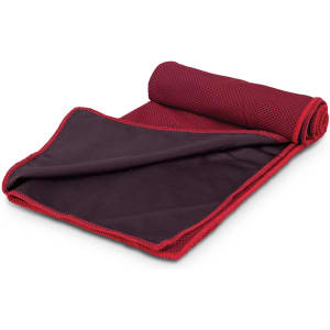 A red and dark grey cooling towel neatly rolled and laid out, featuring a textured surface and a logo.