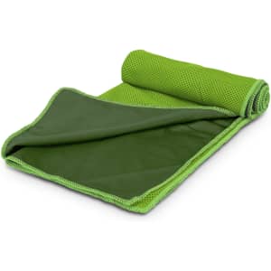 A green Yeti premium cooling towel rolled partially open, featuring a textured mesh design.