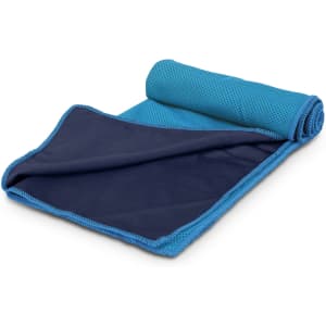 A rolled-up, two-tone cooling towel in blue and navy, featuring a mesh texture. Includes a pouch.