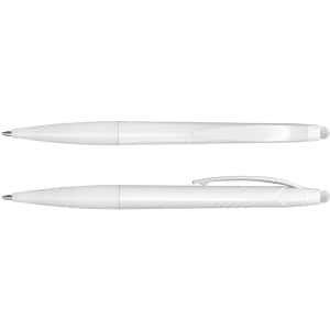 A white stylus pen featuring a sleek design and a logo, ideal for writing and touchscreen use.