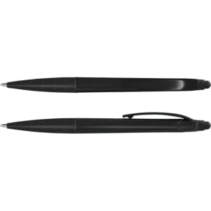 A black stylus pen with a smooth design and a clip for easy attachment, featuring a logo.