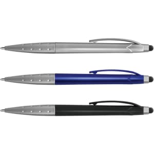 Three metallic stylus pens in silver, blue, and black, featuring a sleek design and a branding logo.