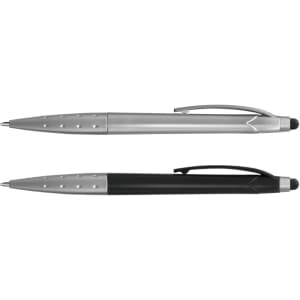 A metallic stylus pen set, featuring a silver pen with a black tip and a black pen, both with a logo.