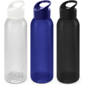 A drink bottle set featuring clear, blue, and black bottles, each with a spout and handle for easy carrying.