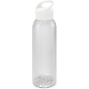 A drink bottle in clear plastic with a white lid and a built-in handle. The bottle features a smooth finish.