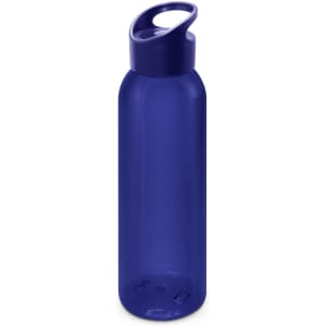 A drink bottle with a sleek, transparent blue design and a convenient handle on the cap.