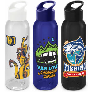 A drink bottle trio featuring a clear bottle with octopus design, a blue bottle with campervan artwork, and a black bottle with fish graphics.